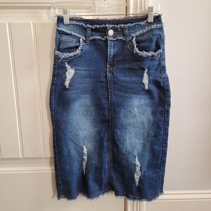 B GIRL jean midi skirt distressed denim pencil modest trendy xs 0 2 stre…